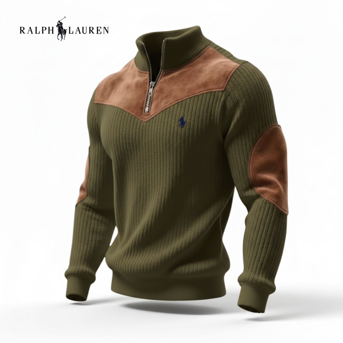 Ribbed Zip Sweater with Suede Accents